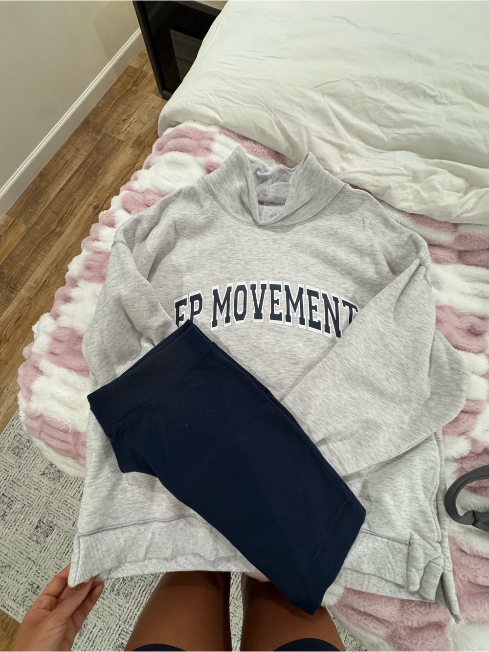 Free People Heather Gray Crewneck Sweatshirt with Navy Print and matching shorts